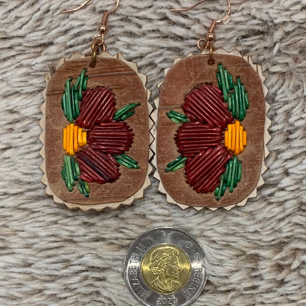Porcupine Quill Florals on Birchbark Earrings